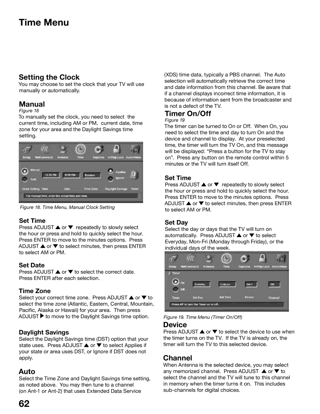 Mitsubishi Electronics WS-55615A, WS-65515A, WS-65615A, WS-73615 Time Menu, Setting the Clock, Manual, Timer On/Off, Device 