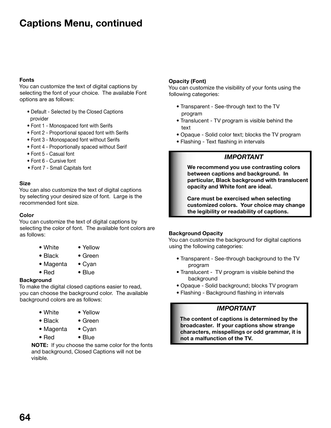 Mitsubishi Electronics WS-65615A, WS-65515A, WS-73615, WS-55515, WS-48515, WS-55615A manual Fonts, Size, Color, Opacity Font 