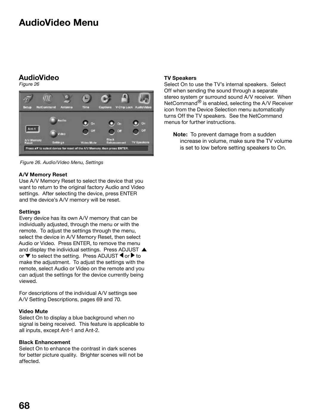 Mitsubishi Electronics WS-65515A, WS-65615A, WS-73615, WS-55515, WS-48515, WS-55615A manual AudioVideo Menu 