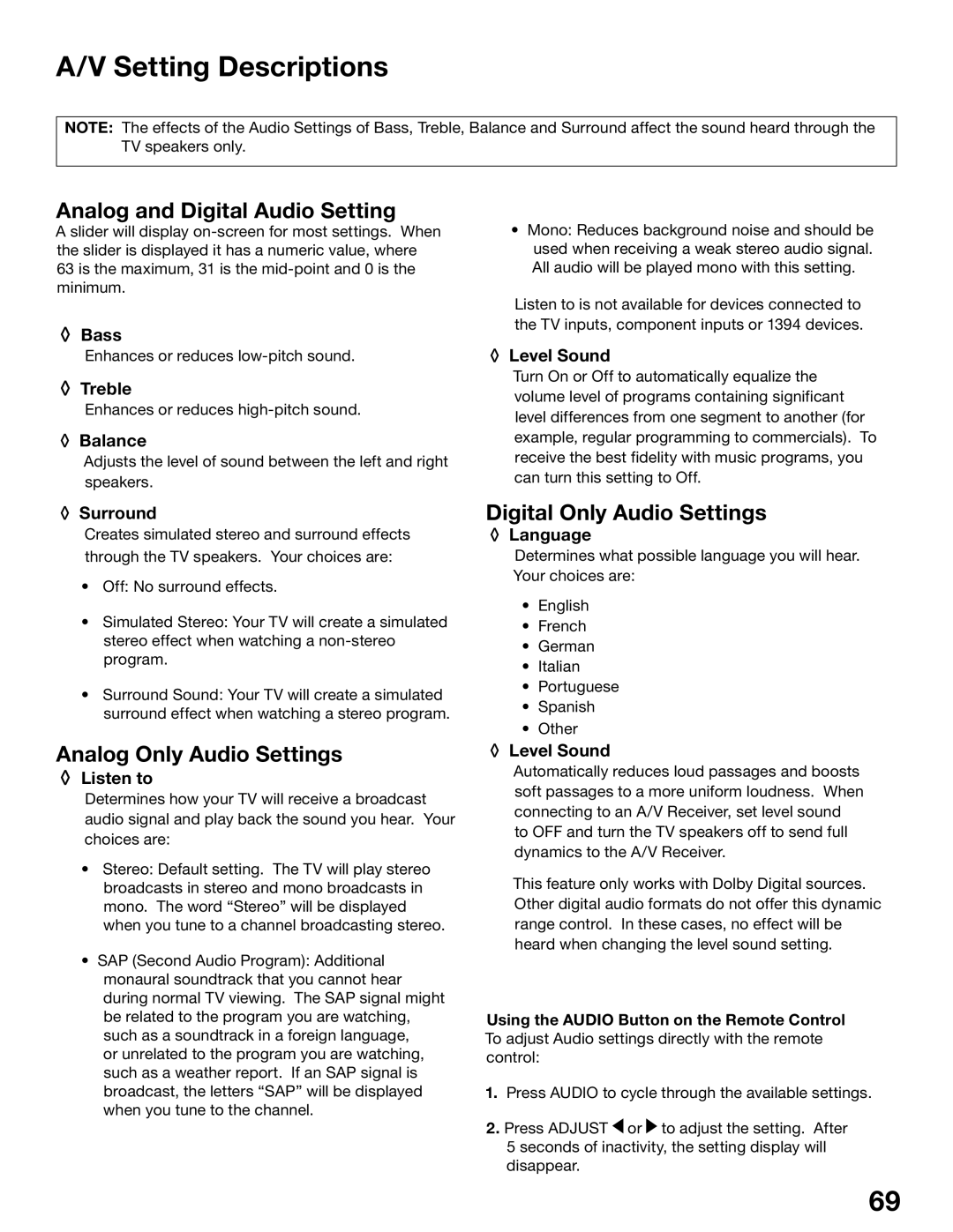 Mitsubishi Electronics WS-55515 manual Setting Descriptions, Analog and Digital Audio Setting, Analog Only Audio Settings 