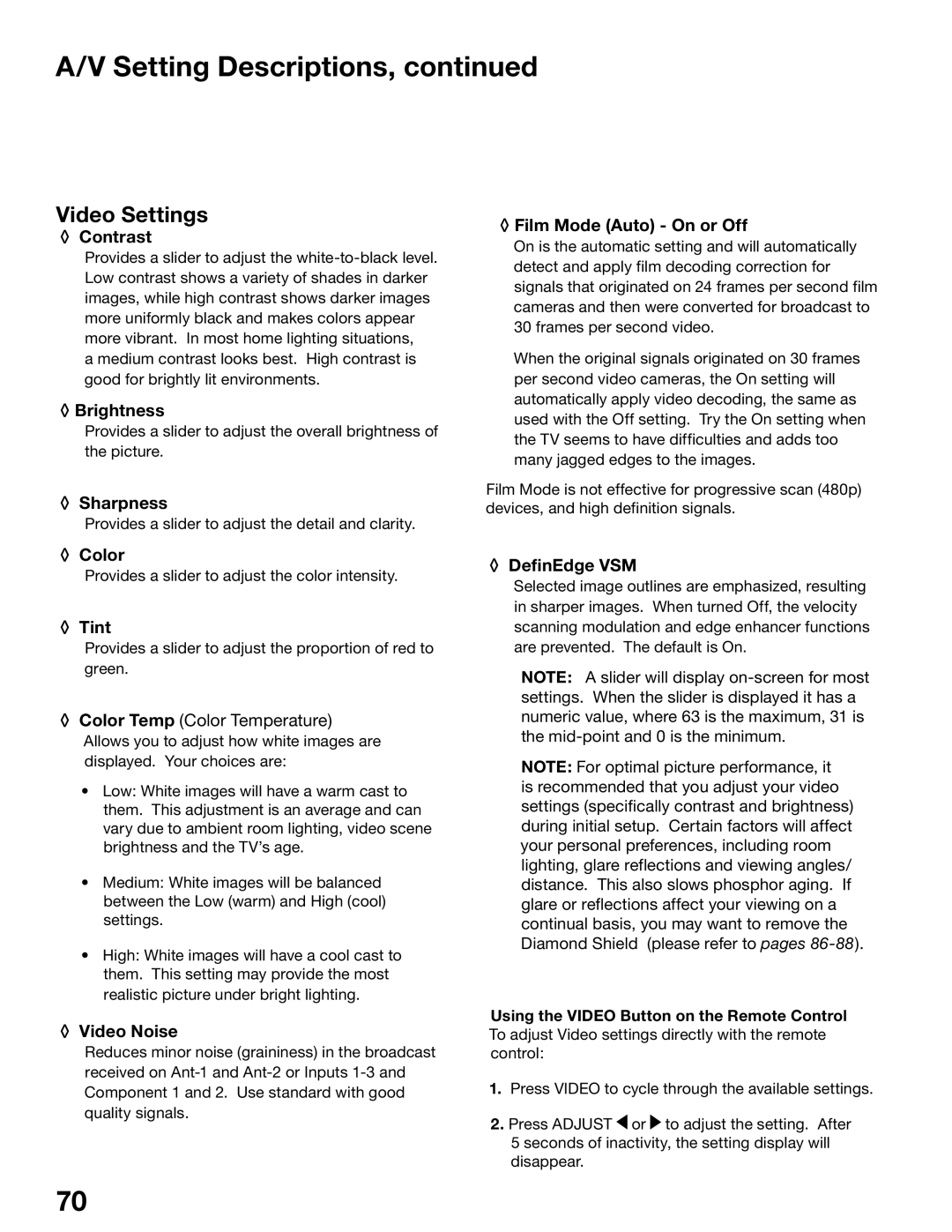 Mitsubishi Electronics WS-48515, WS-65515A, WS-65615A, WS-73615, WS-55515, WS-55615A manual Video Settings, Contrast 