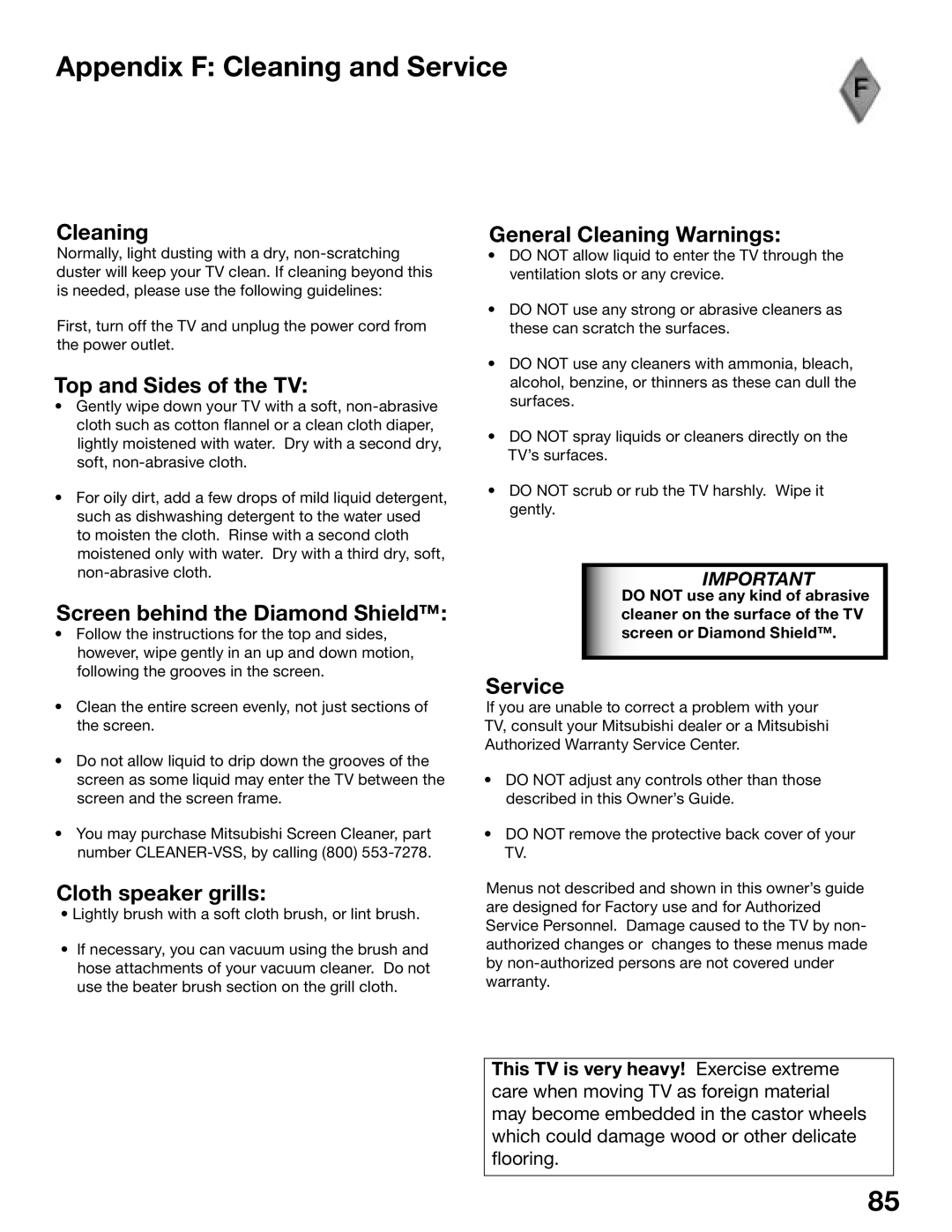 Mitsubishi Electronics WS-65515A, WS-65615A, WS-73615, WS-55615, WS-55515, WS-48515 manual Appendix F Cleaning and Service 