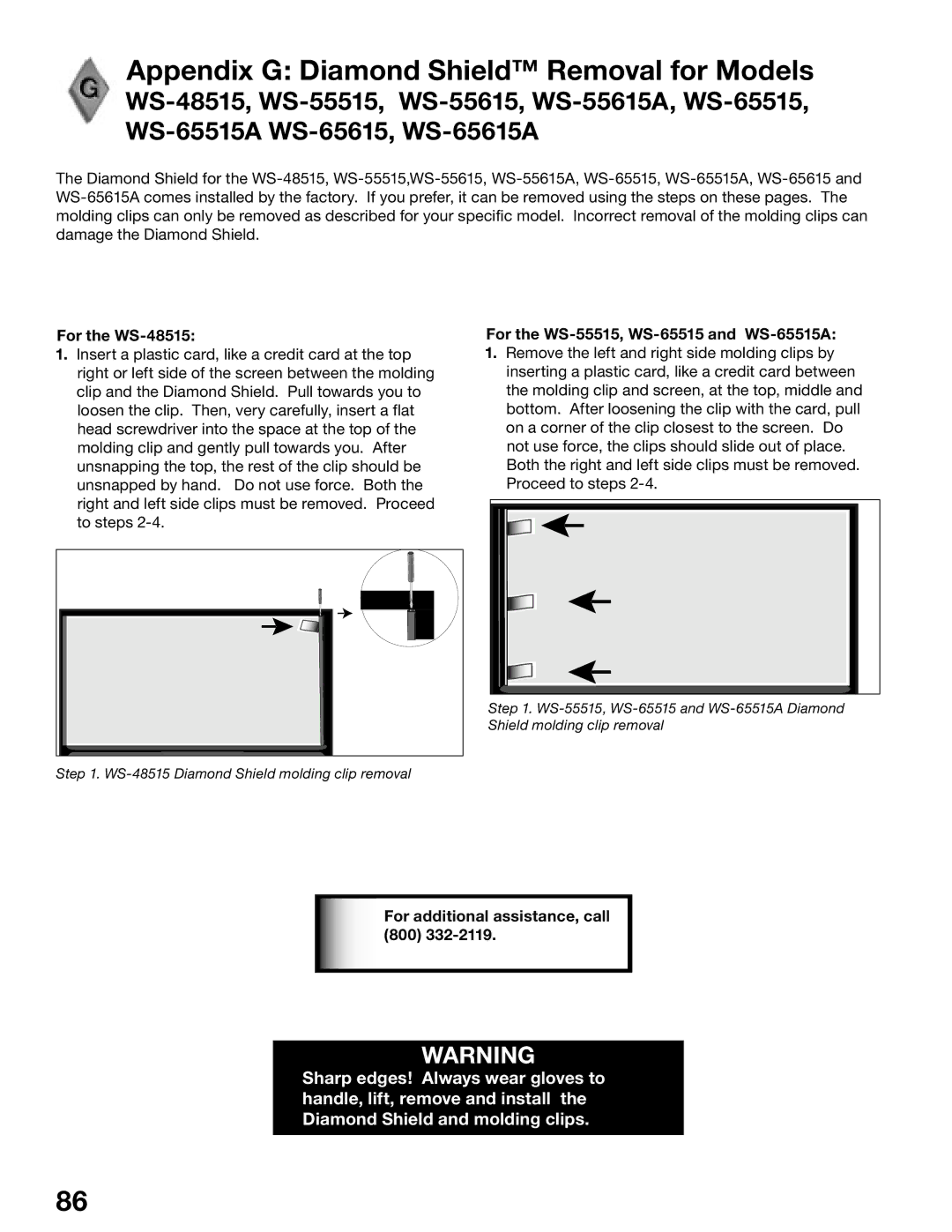 Mitsubishi Electronics WS-55615, WS-65515A, WS-65615A manual Appendix G Diamond Shield Removal for Models, For the WS-48515 