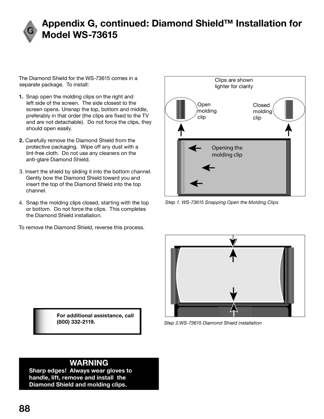 Mitsubishi Electronics WS-48515, WS-65515A, WS-65615A, WS-55615 Appendix G, Diamond Shield Installation for Model WS-73615 