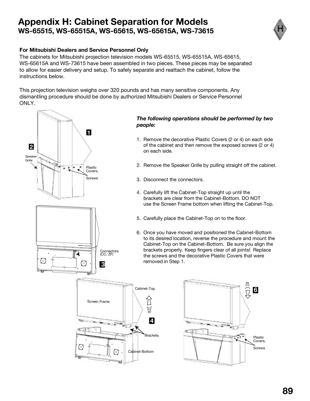 Mitsubishi Electronics WS-55615A, WS-65515A, WS-65615A, WS-73615, WS-55515, WS-48515 Appendix H Cabinet Separation for Models 