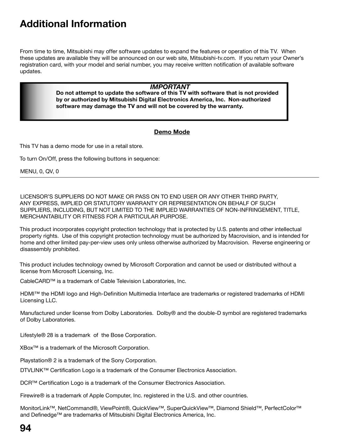 Mitsubishi Electronics WS-65515A, WS-65615A, WS-73615, WS-55615, WS-55515, WS-48515 manual Additional Information, Demo Mode 