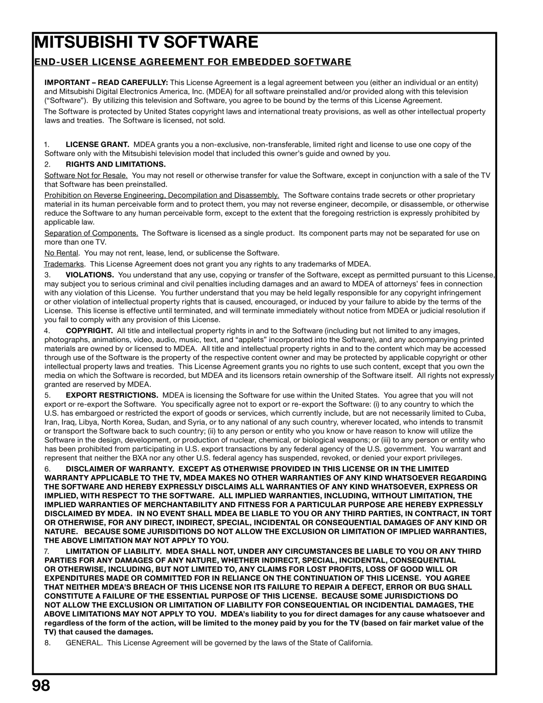 Mitsubishi Electronics WS-55615A, WS-65515A, WS-65615A, WS-73615, WS-55515, WS-48515 manual Mitsubishi TV Software 