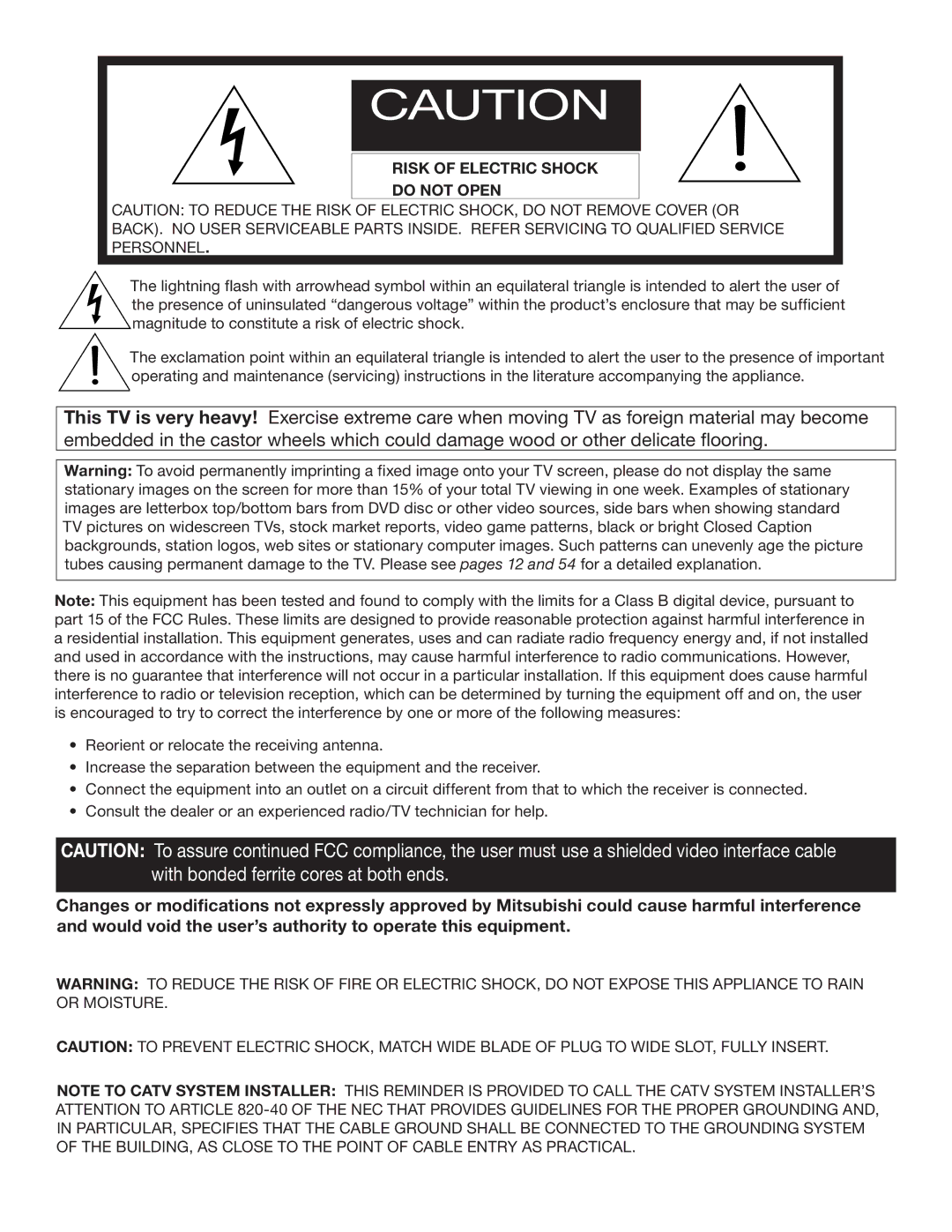 Mitsubishi Electronics WS-55517, WS-65517, WS-73517 manual Risk of Electric Shock Do not Open 