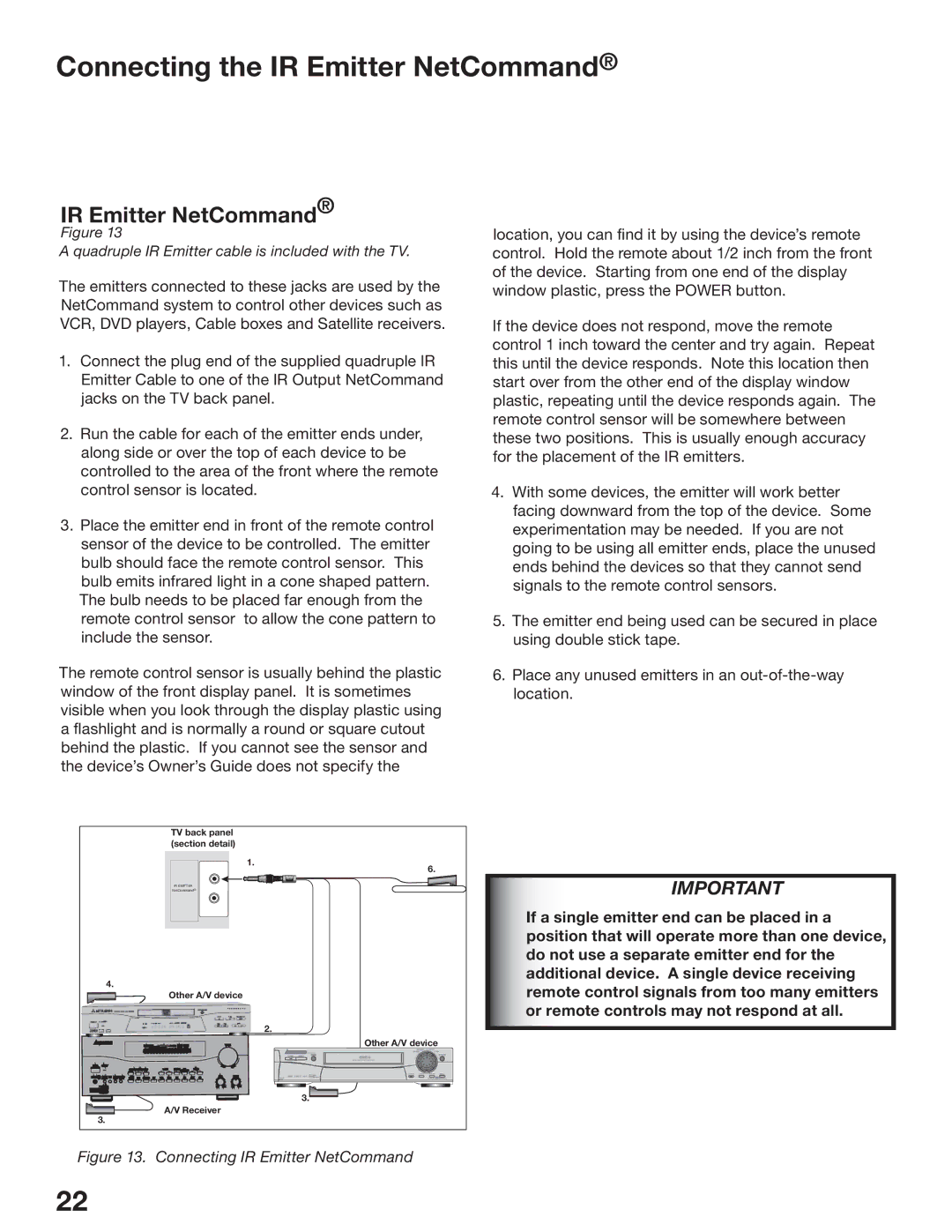 Mitsubishi Electronics WS-73517, WS-65517, WS-55517 manual Connecting the IR Emitter NetCommand 