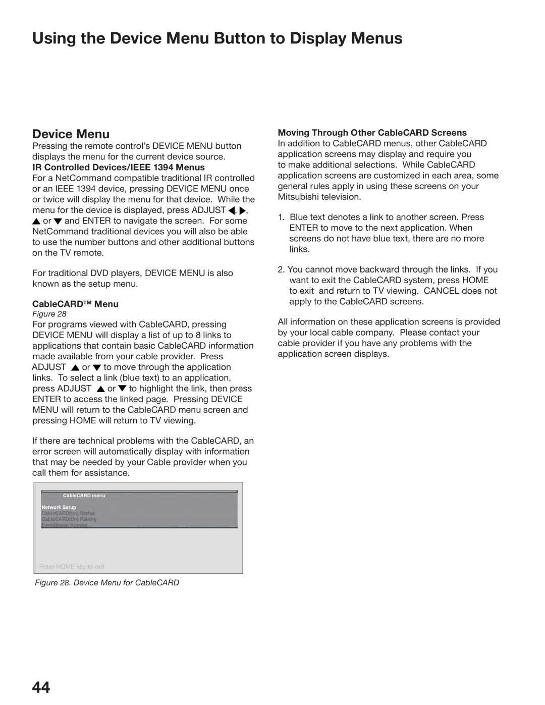 Mitsubishi Electronics WS-55517 manual Using the Device Menu Button to Display Menus, IR Controlled Devices/IEEE 1394 Menus 