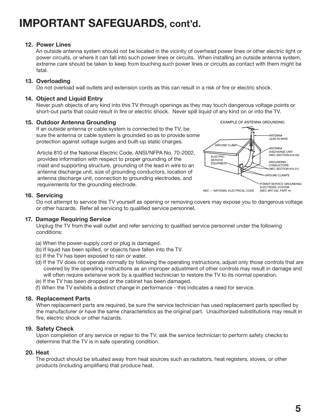 Mitsubishi Electronics WS-55517, WS-65517, WS-73517 manual Important SAFEGUARDS, cont’d 