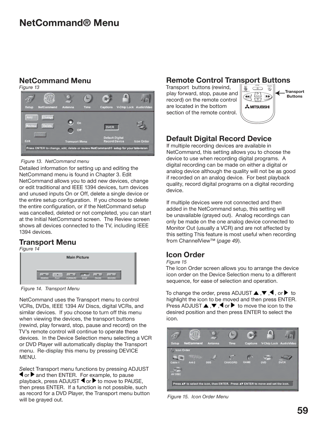 Mitsubishi Electronics WS-55517, WS-65517 NetCommand Menu, Transport Menu, Remote Control Transport Buttons, Icon Order 