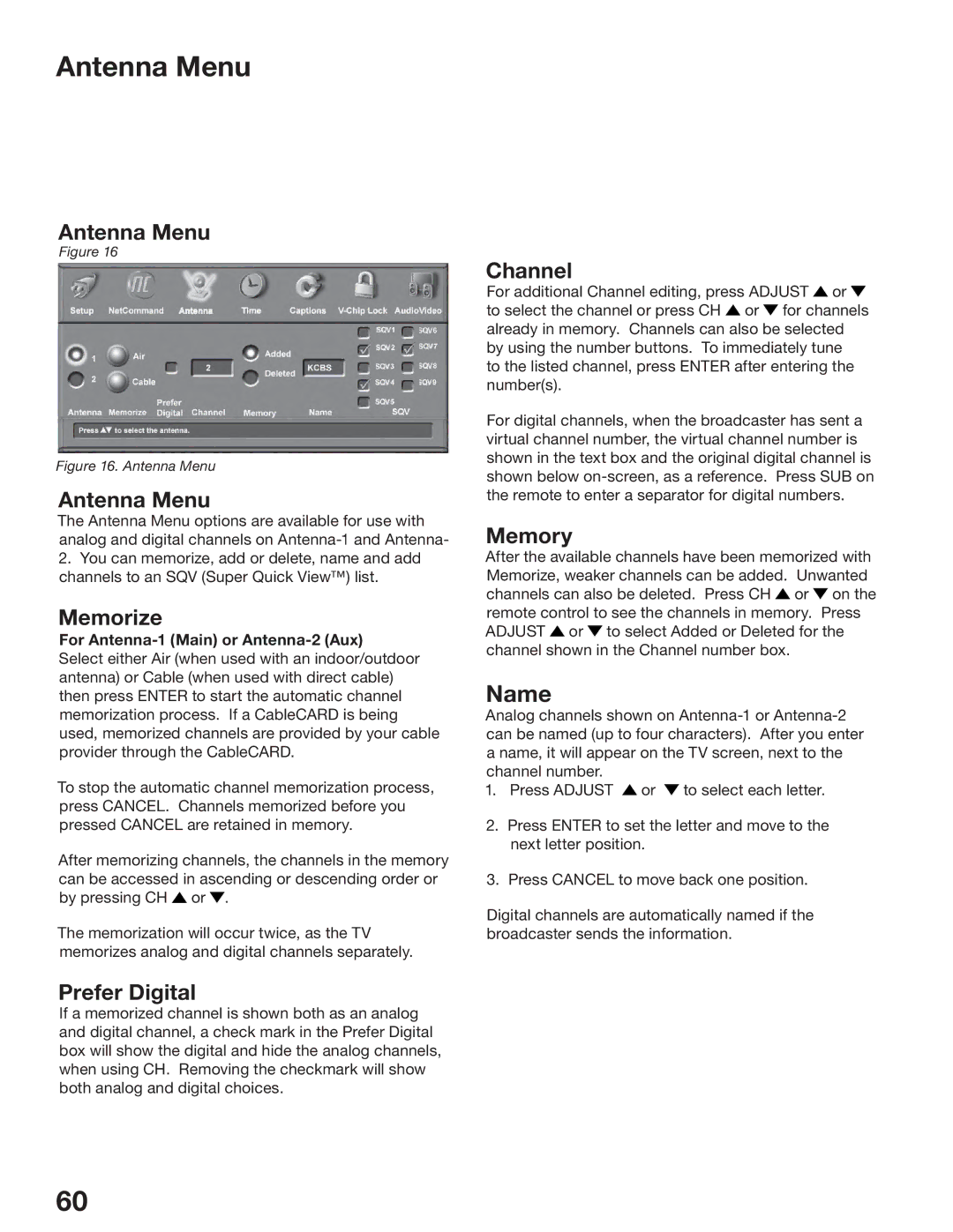 Mitsubishi Electronics WS-65517, WS-73517, WS-55517 manual Antenna Menu, Memorize, Prefer Digital, Channel, Memory 