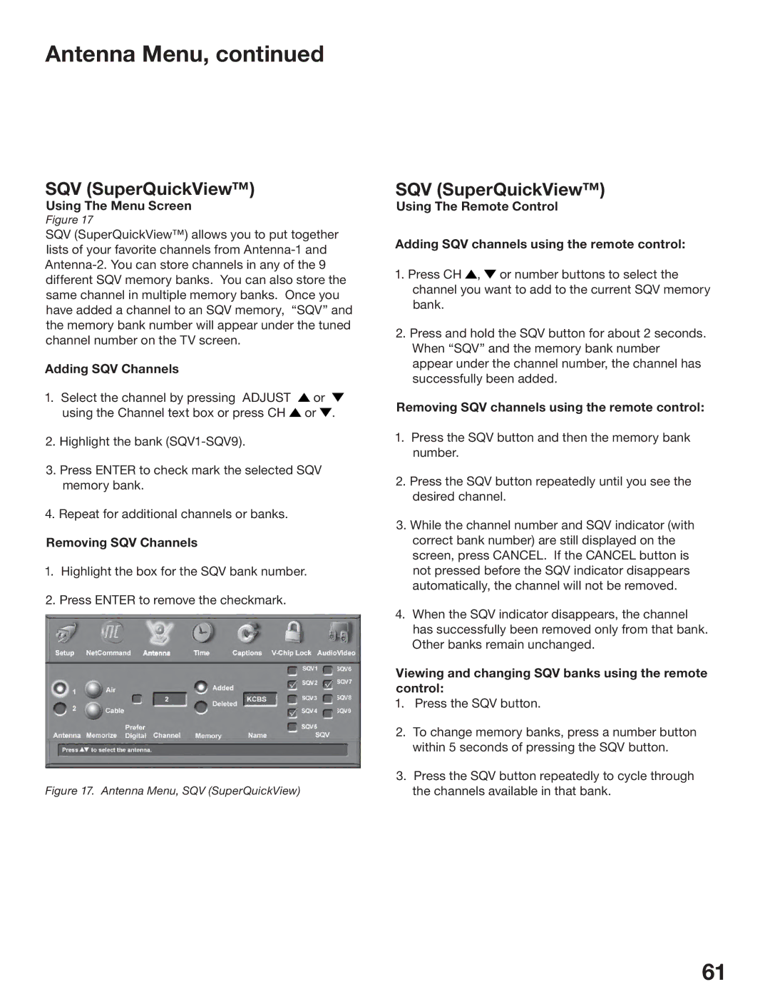 Mitsubishi Electronics WS-73517, WS-65517, WS-55517 manual SQV SuperQuickView 