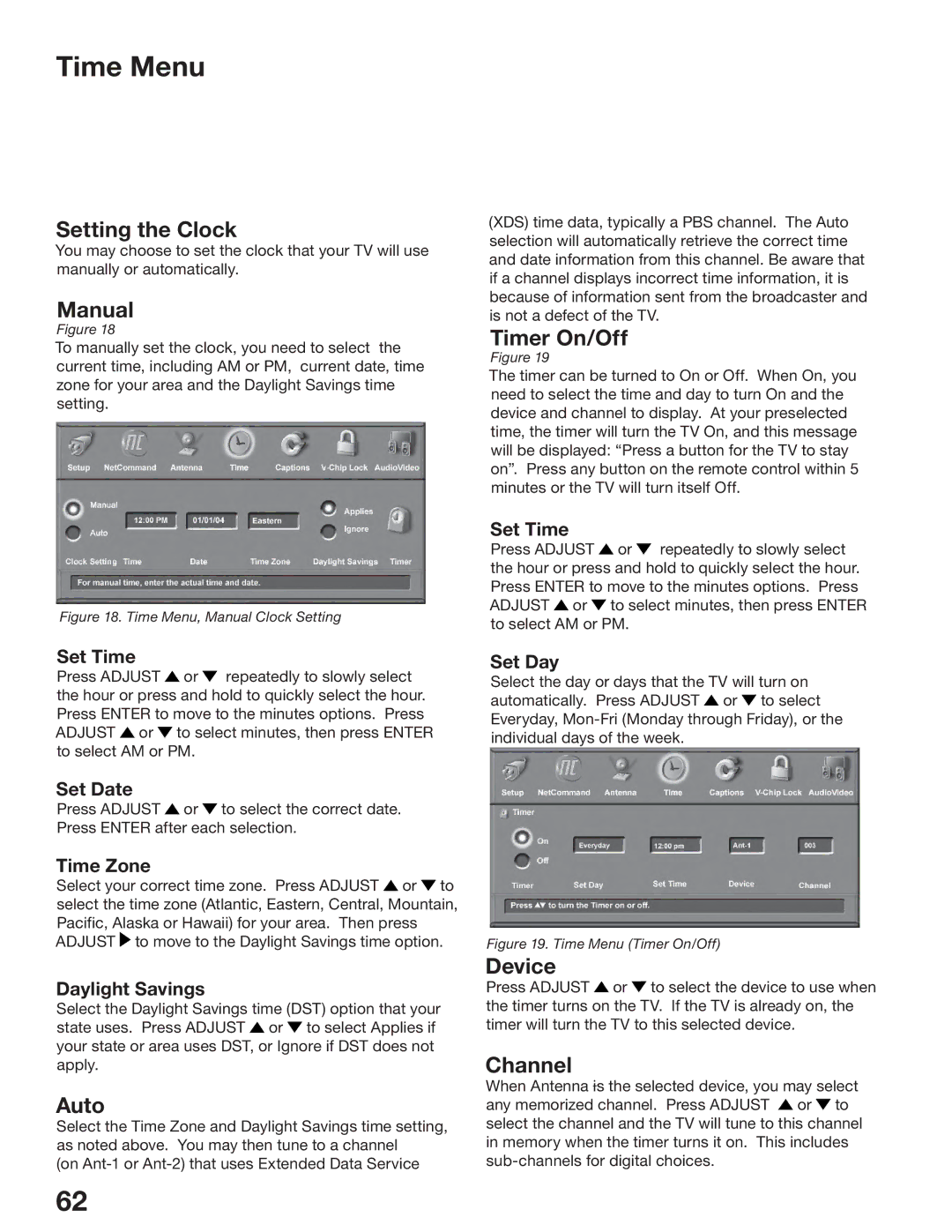 Mitsubishi Electronics WS-55517, WS-65517, WS-73517 manual Time Menu, Setting the Clock, Manual, Timer On/Off, Device 