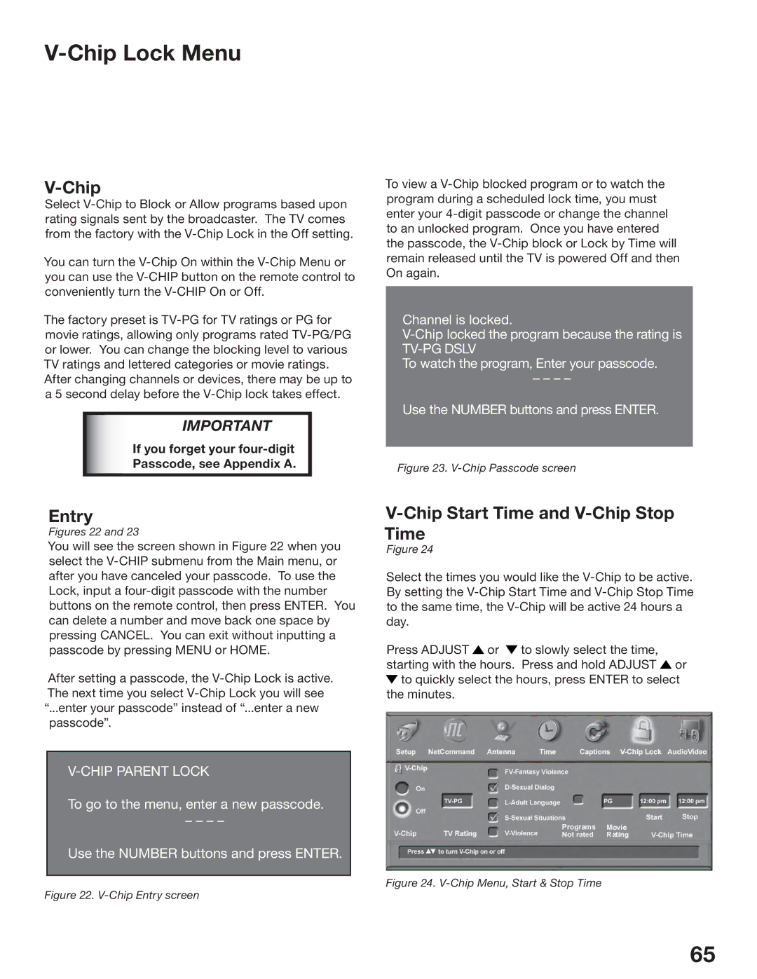 Mitsubishi Electronics WS-55517, WS-65517, WS-73517 manual Chip Lock Menu, Entry, Chip Start Time and V-Chip Stop Time 