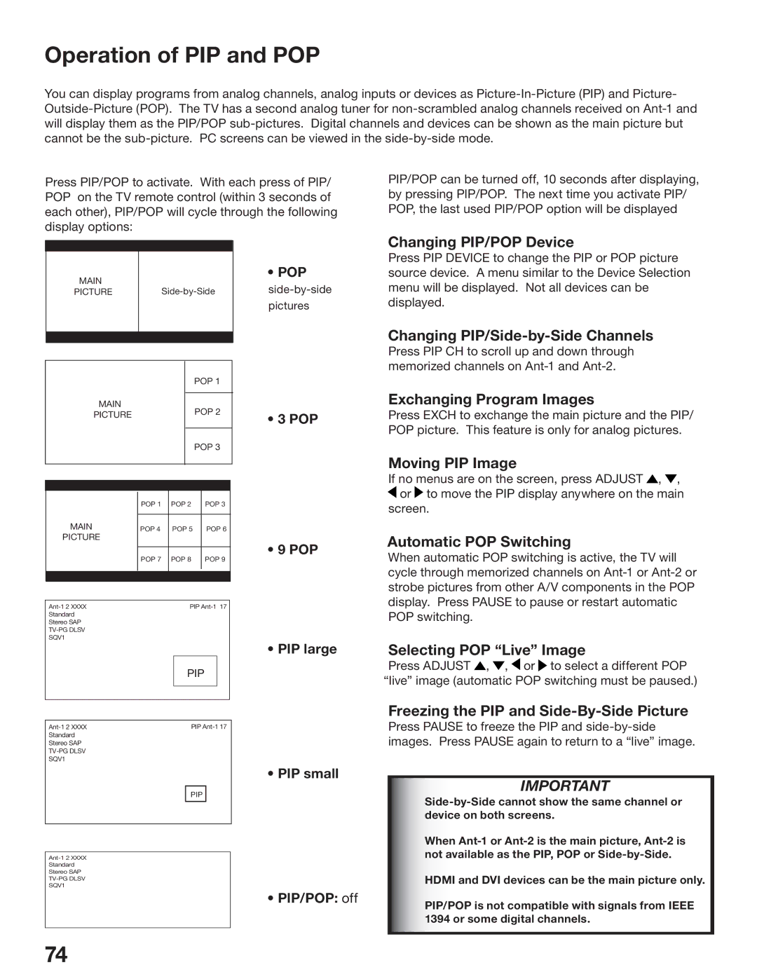 Mitsubishi Electronics WS-55517, WS-65517, WS-73517 manual Operation of PIP and POP, Changing PIP/POP Device 