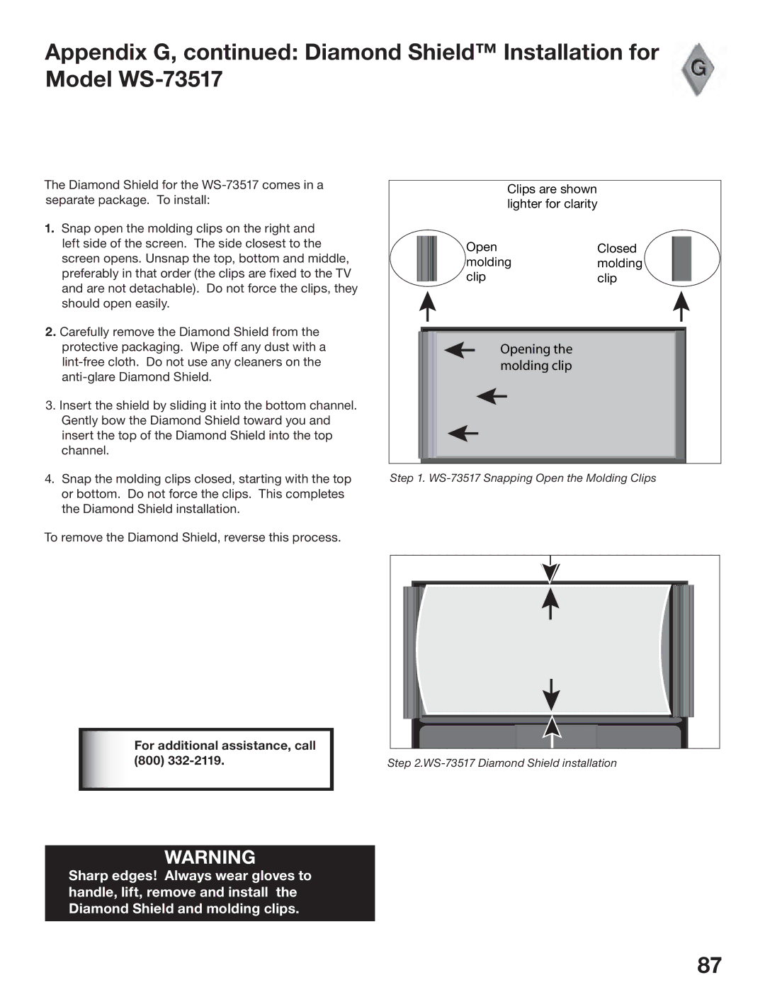 Mitsubishi Electronics WS-65517, WS-55517 manual Appendix G, Diamond Shield Installation for Model WS-73517 