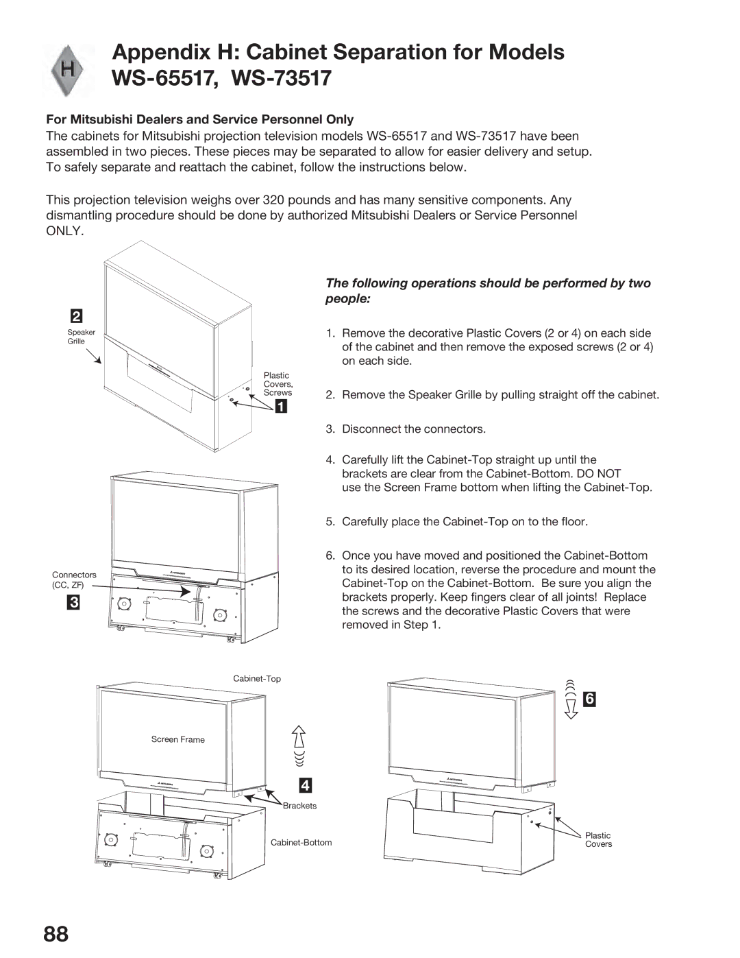 Mitsubishi Electronics WS-55517 manual Appendix H Cabinet Separation for Models WS-65517, WS-73517 