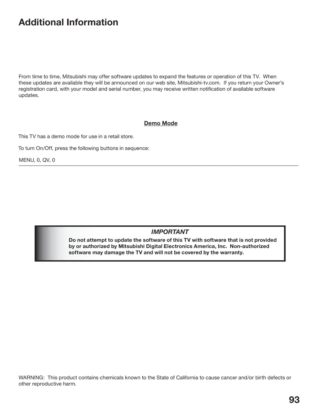 Mitsubishi Electronics WS-65517, WS-73517, WS-55517 manual Additional Information, Demo Mode 