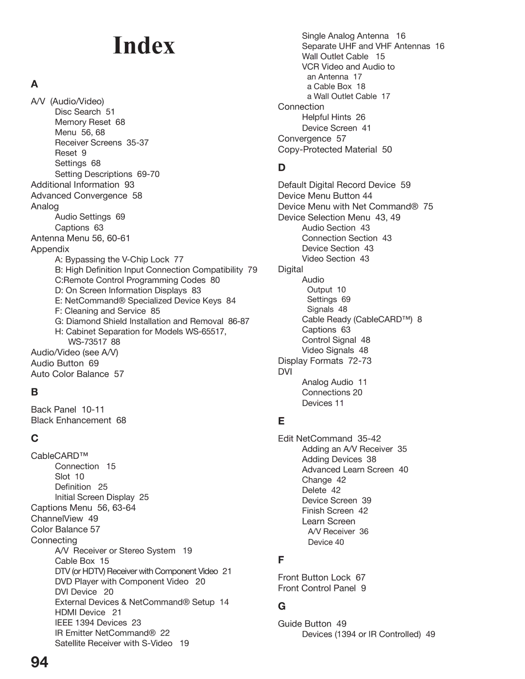 Mitsubishi Electronics WS-73517, WS-65517, WS-55517 manual Index 