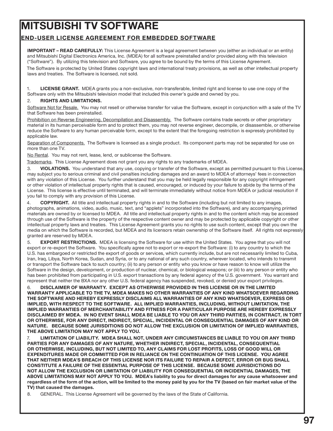 Mitsubishi Electronics WS-73517, WS-65517, WS-55517 manual Mitsubishi TV Software 