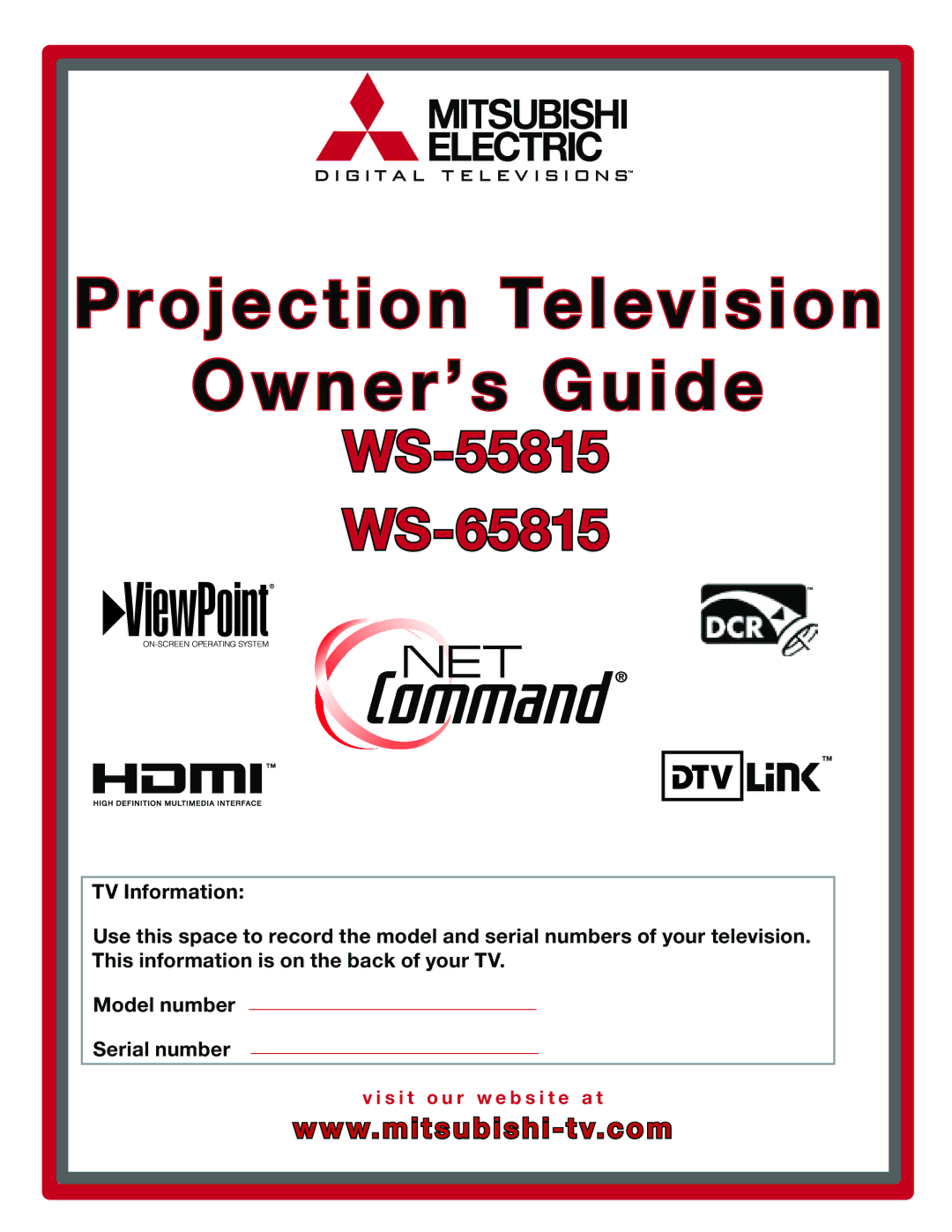 Mitsubishi Electronics WS-55815, WS-65815 manual Projection Television Owner’s Guide 