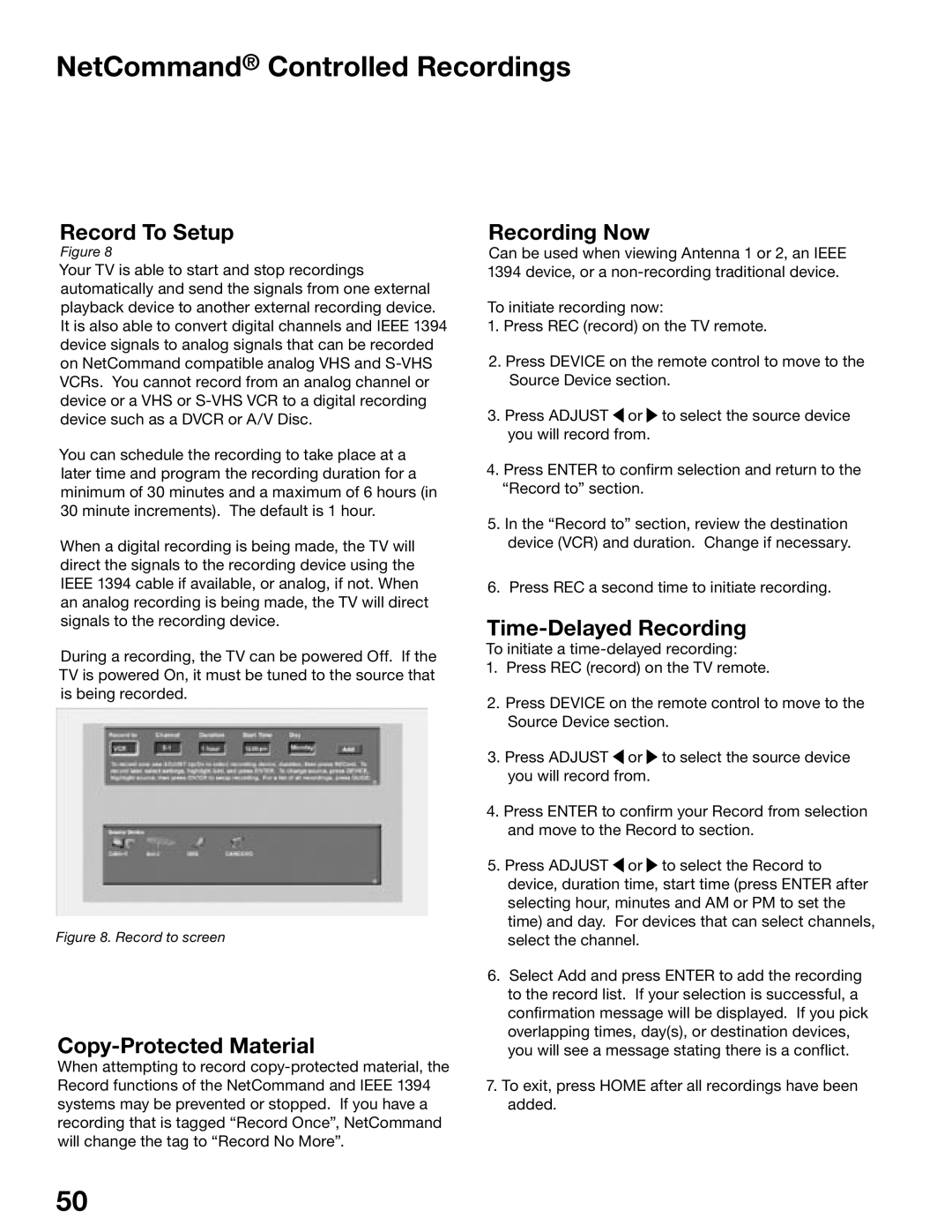 Mitsubishi Electronics WS-65815 NetCommand Controlled Recordings, Record To Setup, Copy-Protected Material, Recording Now 