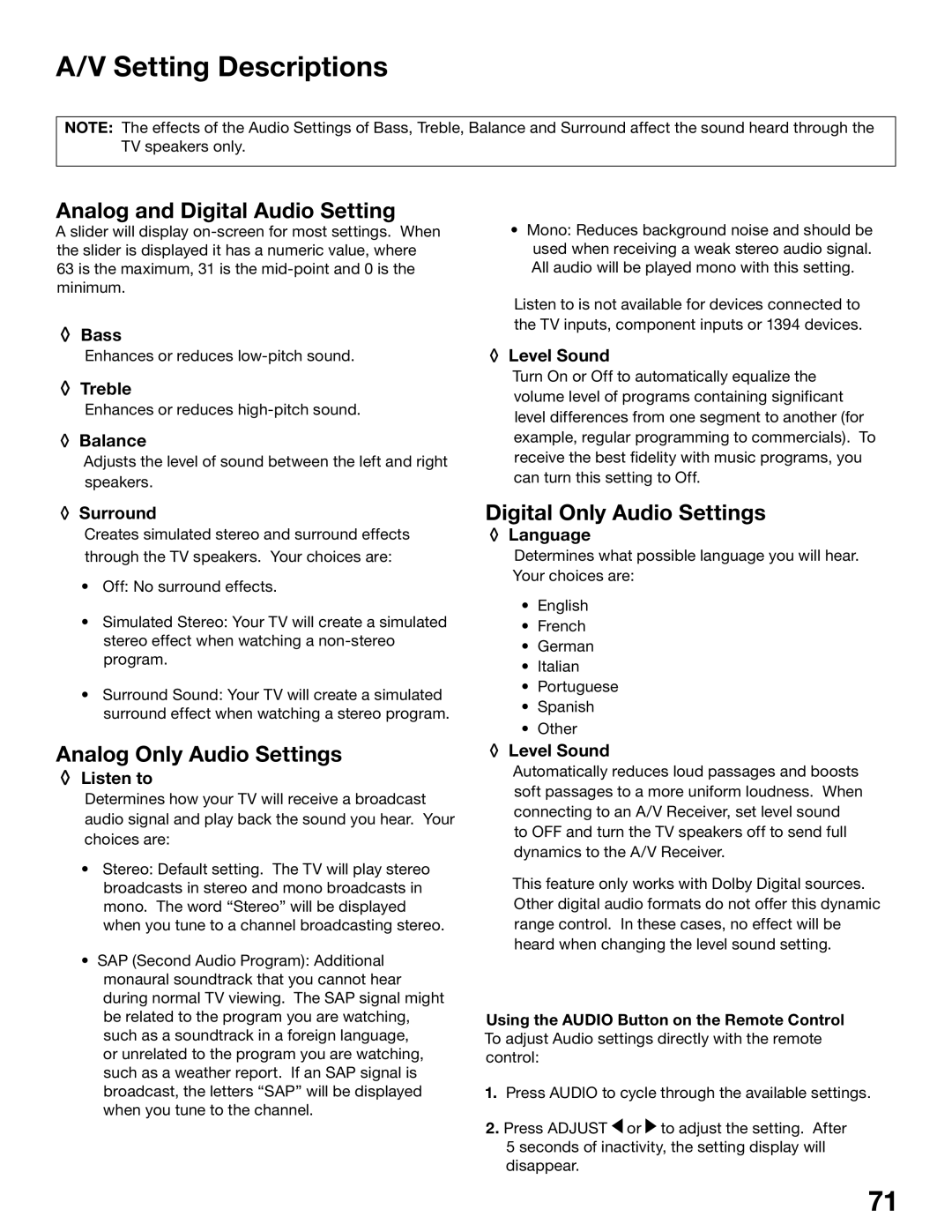 Mitsubishi Electronics WS-55815 manual Setting Descriptions, Analog and Digital Audio Setting, Analog Only Audio Settings 