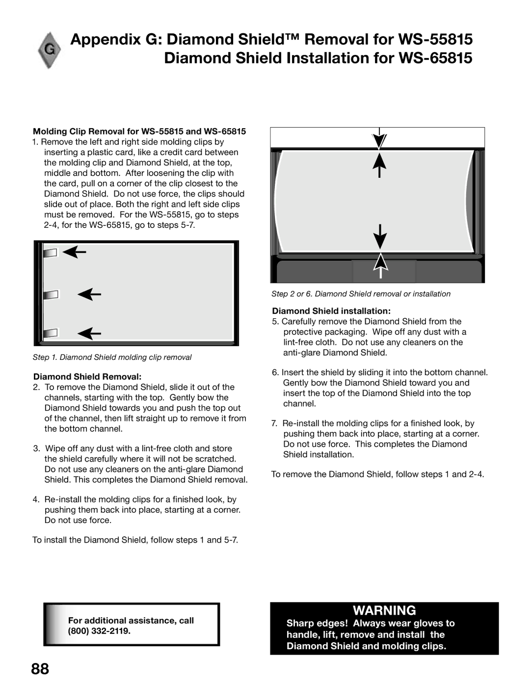 Mitsubishi Electronics WS-65815 Diamond Shield Removal, Diamond Shield installation, For additional assistance, call 800 