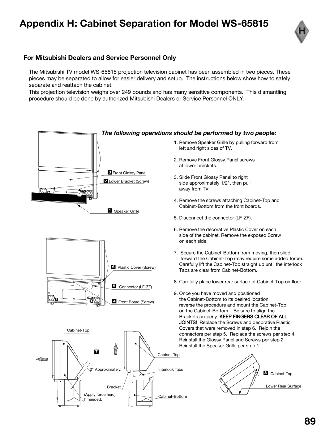 Mitsubishi Electronics WS-55815 manual Appendix H Cabinet Separation for Model WS-65815 