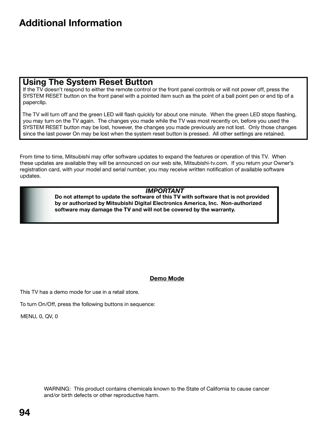 Mitsubishi Electronics WS-65815, WS-55815 manual Additional Information, Demo Mode 