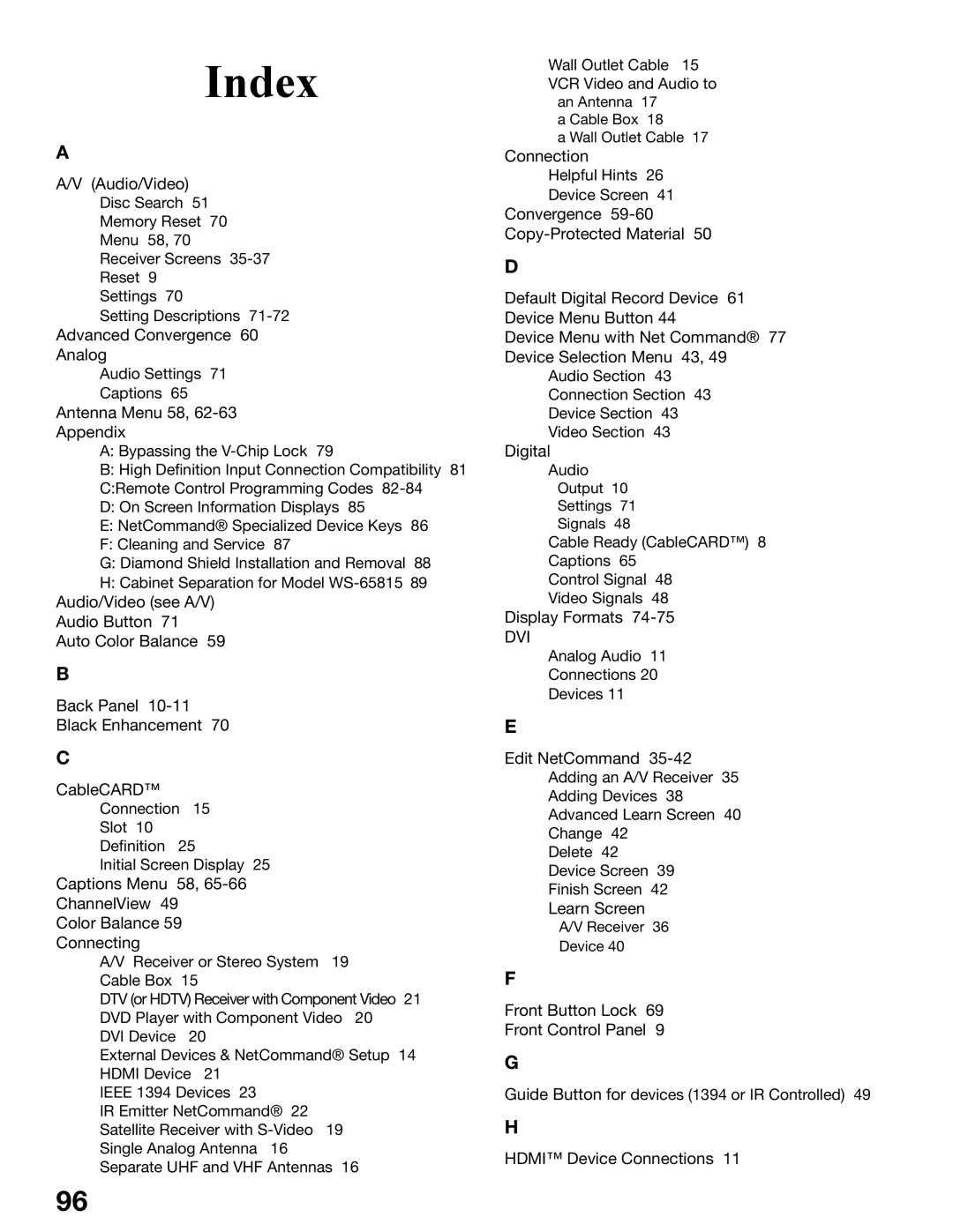 Mitsubishi Electronics WS-65815, WS-55815 manual Index 