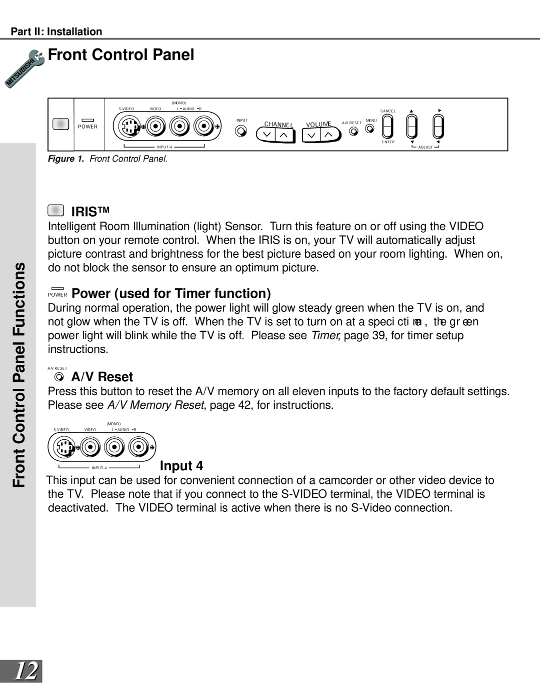 Mitsubishi Electronics WS-65908 manual Front Control Panel Functions, Power Power used for Timer function, Reset, Input 