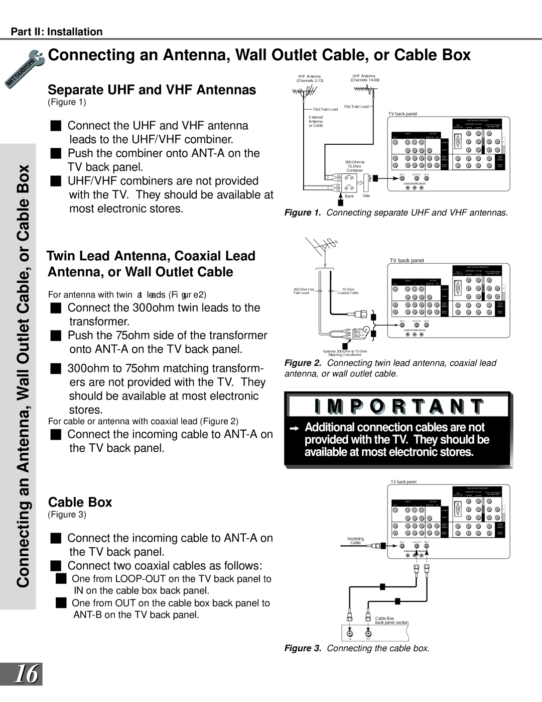 Mitsubishi Electronics WS-65908 Connecting an Antenna, Wall Outlet Cable, or Cable Box, Separate UHF and VHF Antennas 