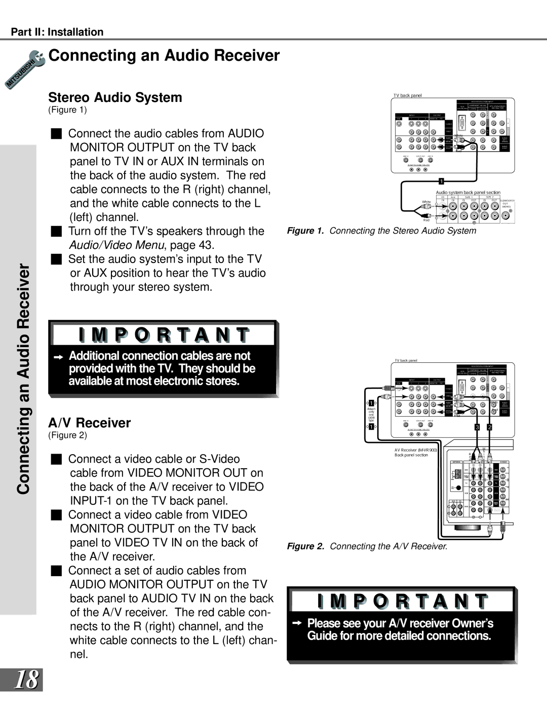 Mitsubishi Electronics WS-65908, WS-55908 manual Connecting an Audio Receiver, An Audio, Stereo Audio System 