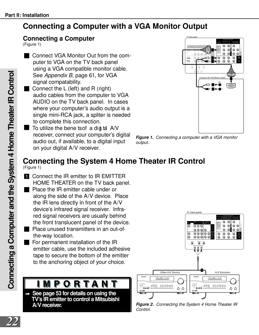 Mitsubishi Electronics WS-65908, WS-55908 manual Connecting a Computer with a VGA Monitor Output 