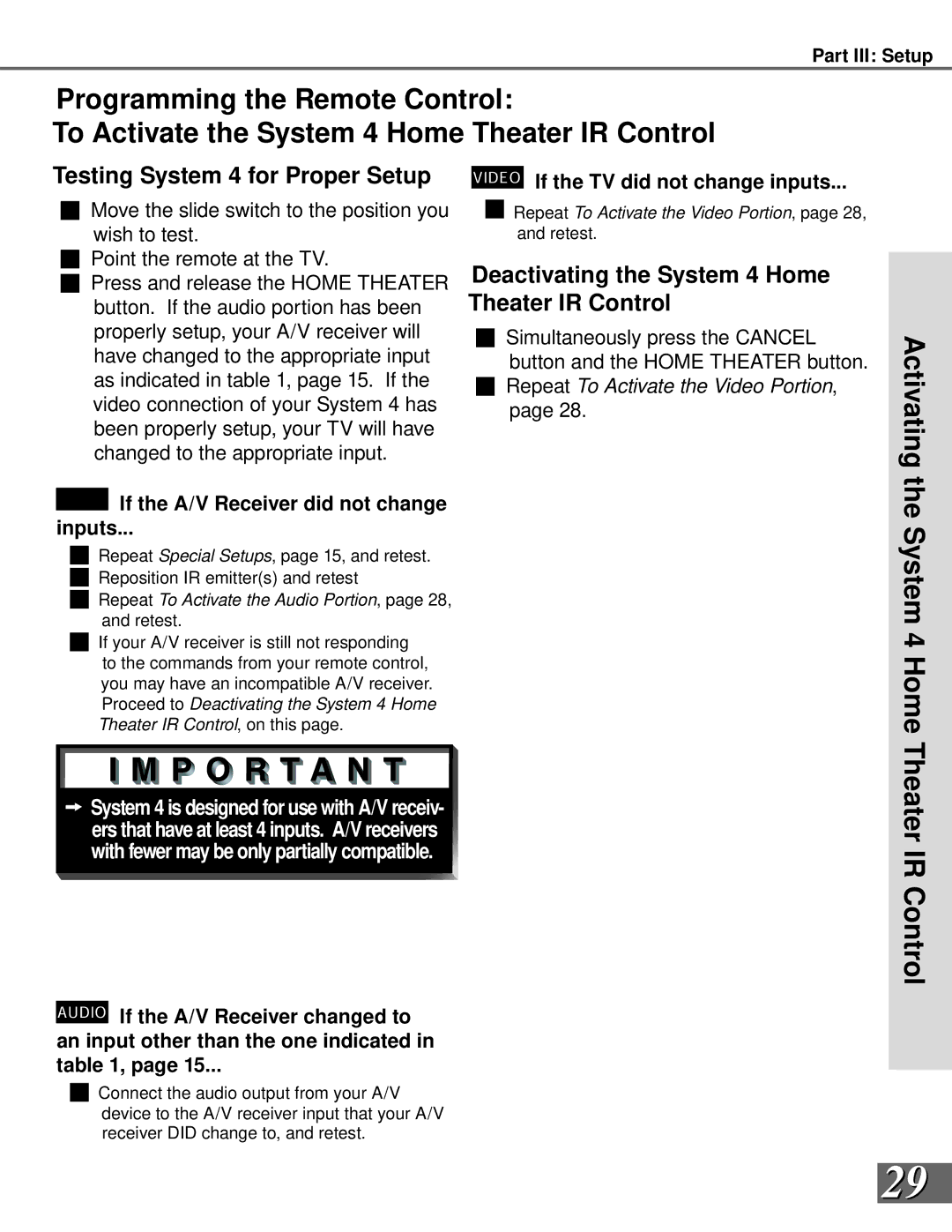 Mitsubishi Electronics WS-55908 manual Activating, Testing System 4 for Proper Setup, Video If the TV did not change inputs 