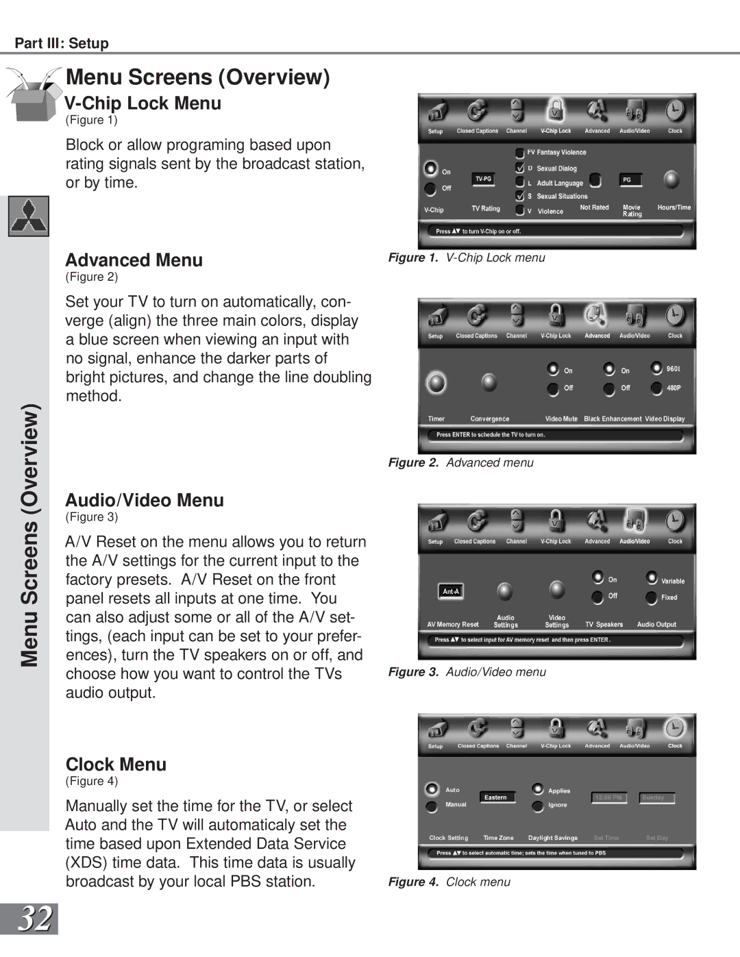 Mitsubishi Electronics WS-65908, WS-55908 manual Chip Lock Menu, Audio/Video Menu, Clock Menu 