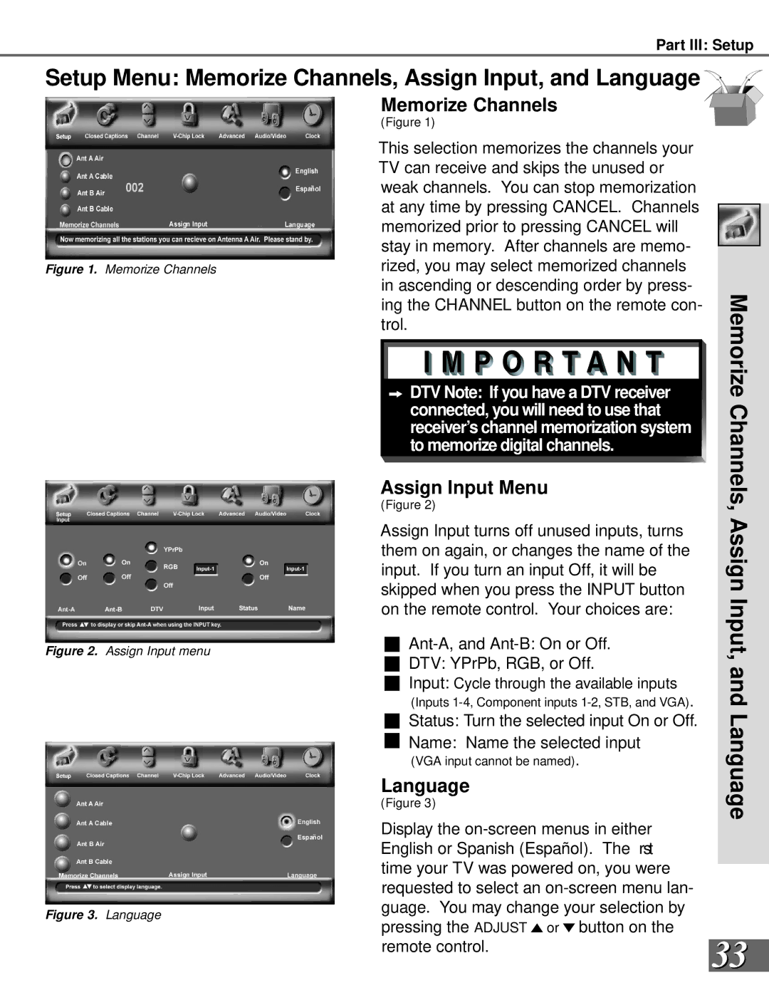 Mitsubishi Electronics WS-55908, WS-65908 manual Setup Menu Memorize Channels, Assign Input, and Language 