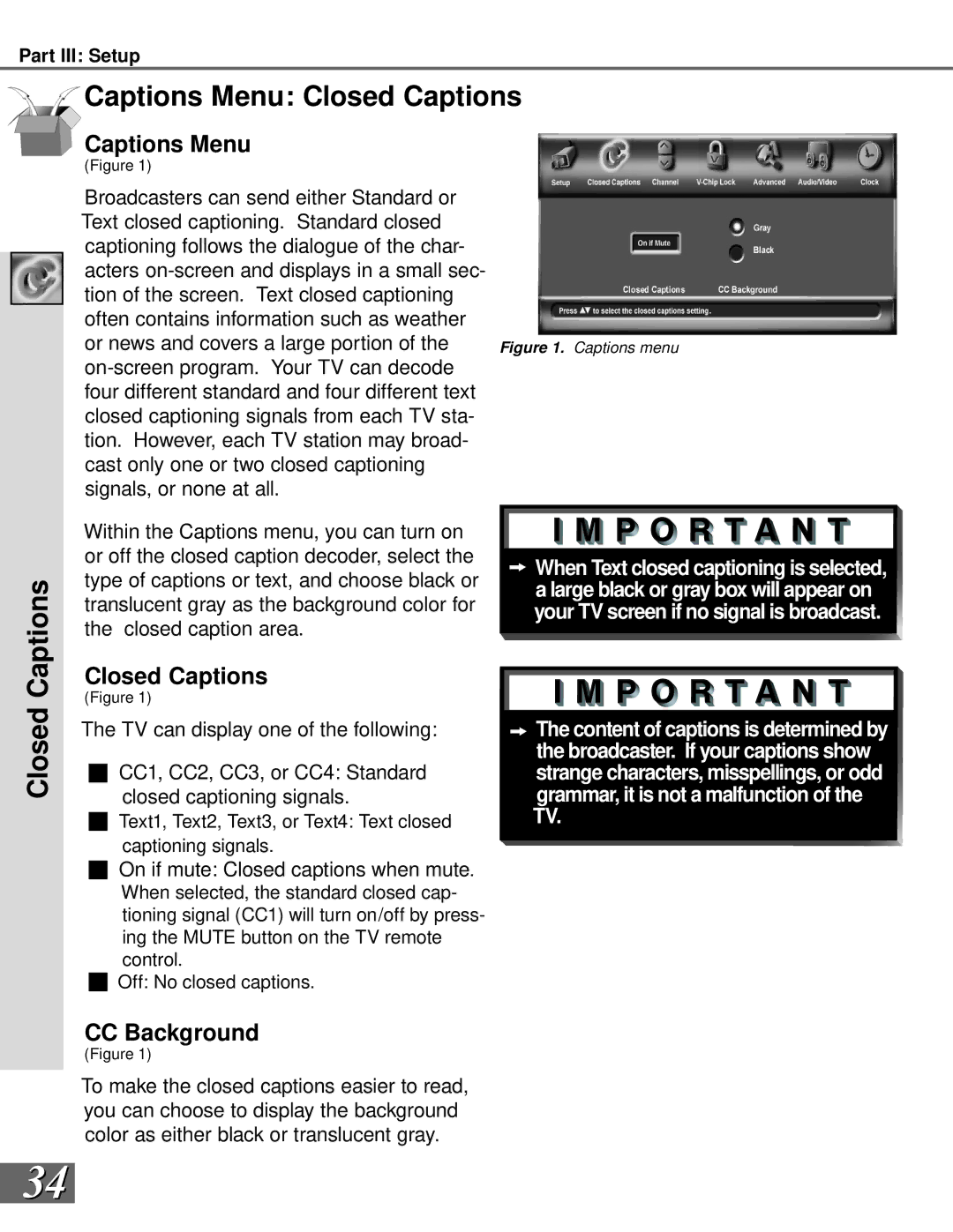 Mitsubishi Electronics WS-65908, WS-55908 manual Captions Menu Closed Captions, CC Background 