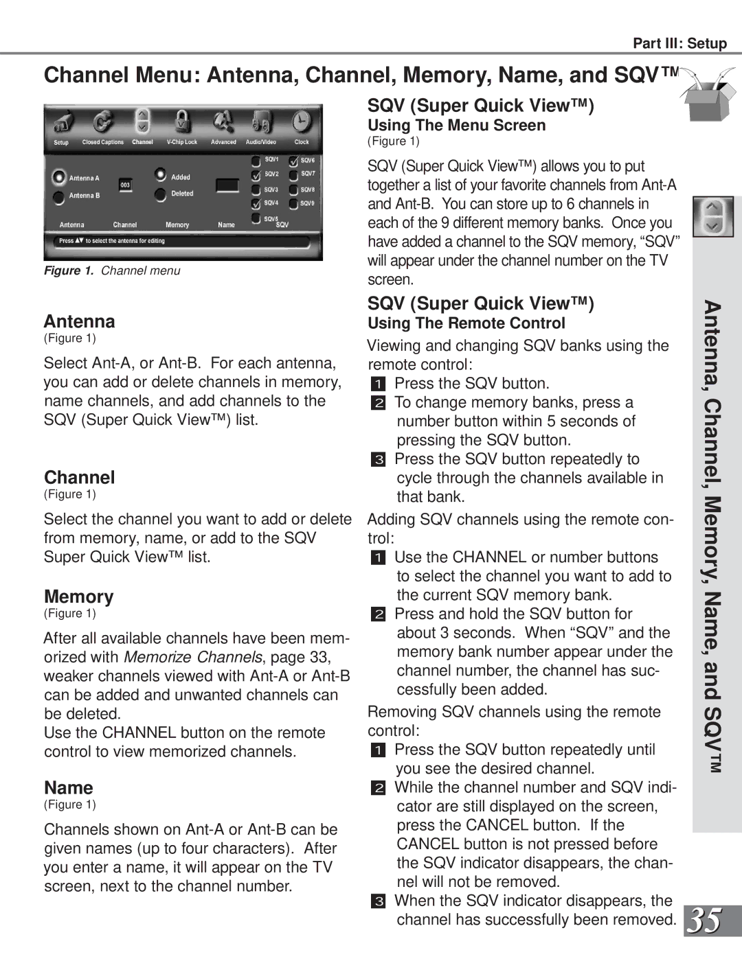 Mitsubishi Electronics WS-55908, WS-65908 manual Channel Menu Antenna, Channel, Memory, Name, and SQV 