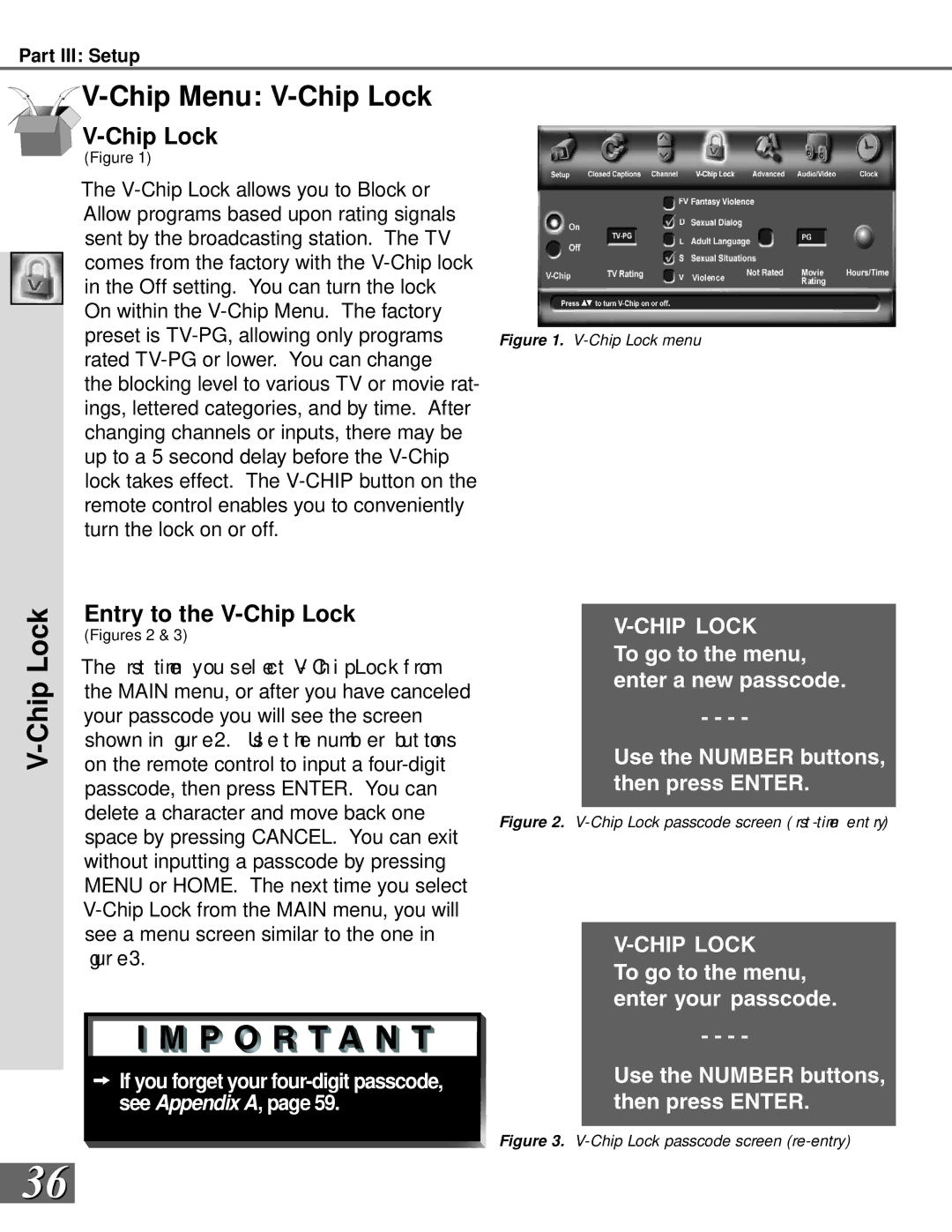 Mitsubishi Electronics WS-65908, WS-55908 manual Chip Menu V-Chip Lock, Entry to the V-Chip Lock 