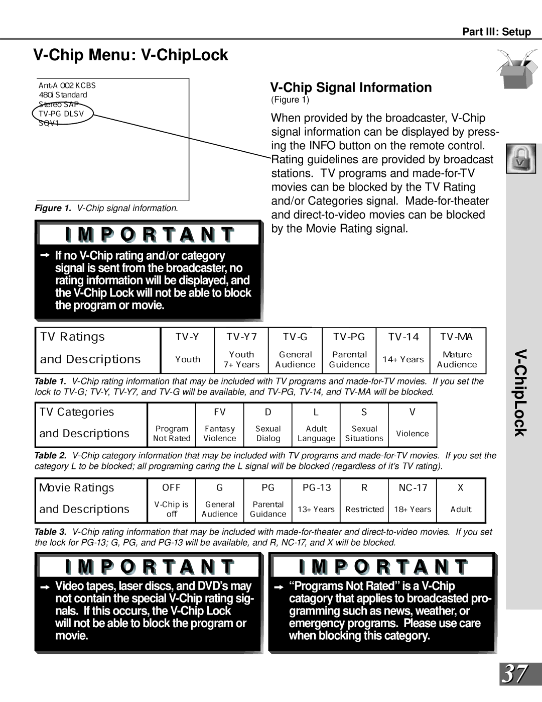 Mitsubishi Electronics WS-55908 Chip Menu V-ChipLock, Chip Signal Information, TV Categories Descriptions, Movie Ratings 