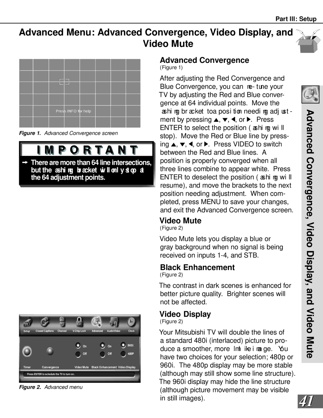 Mitsubishi Electronics WS-55908, WS-65908 manual Advanced Convergence, Video Display, and Video Mute, Black Enhancement 