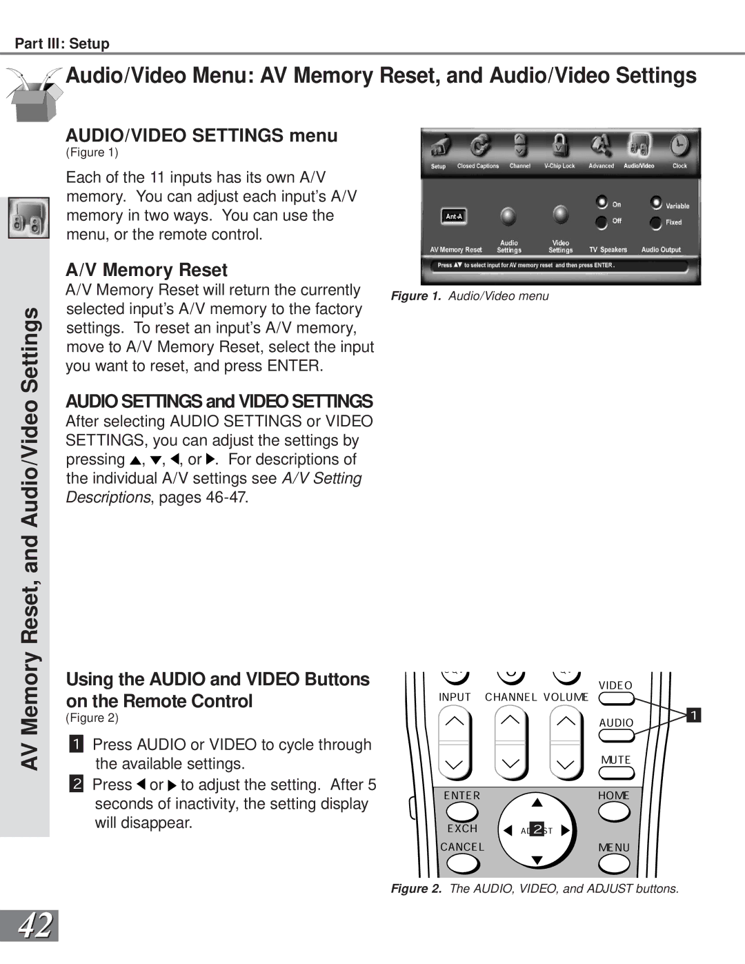 Mitsubishi Electronics WS-65908, WS-55908 manual AV Memory Reset, and Audio/Video, AUDIO/VIDEO Settings menu 