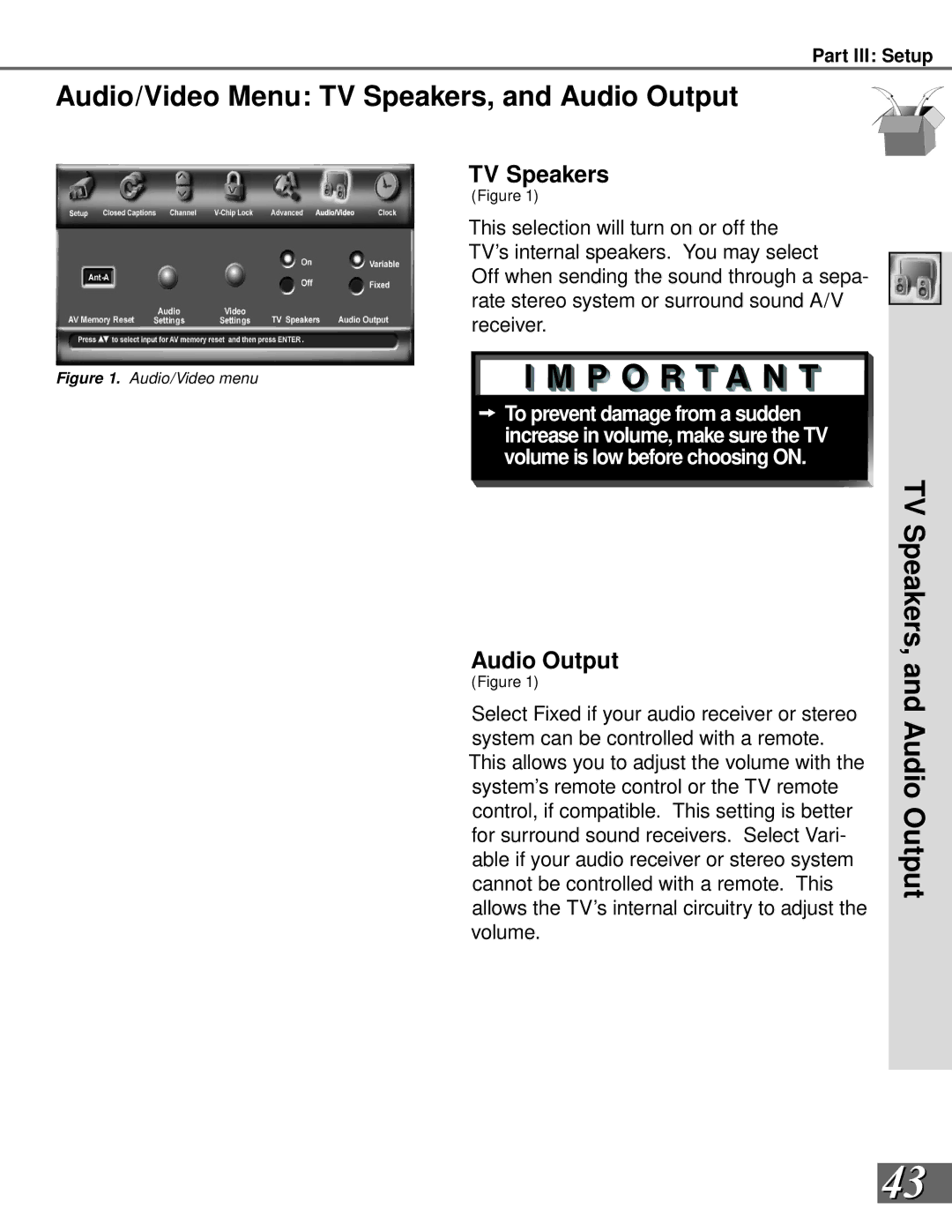 Mitsubishi Electronics WS-55908, WS-65908 manual Audio/Video Menu TV Speakers, and Audio Output 