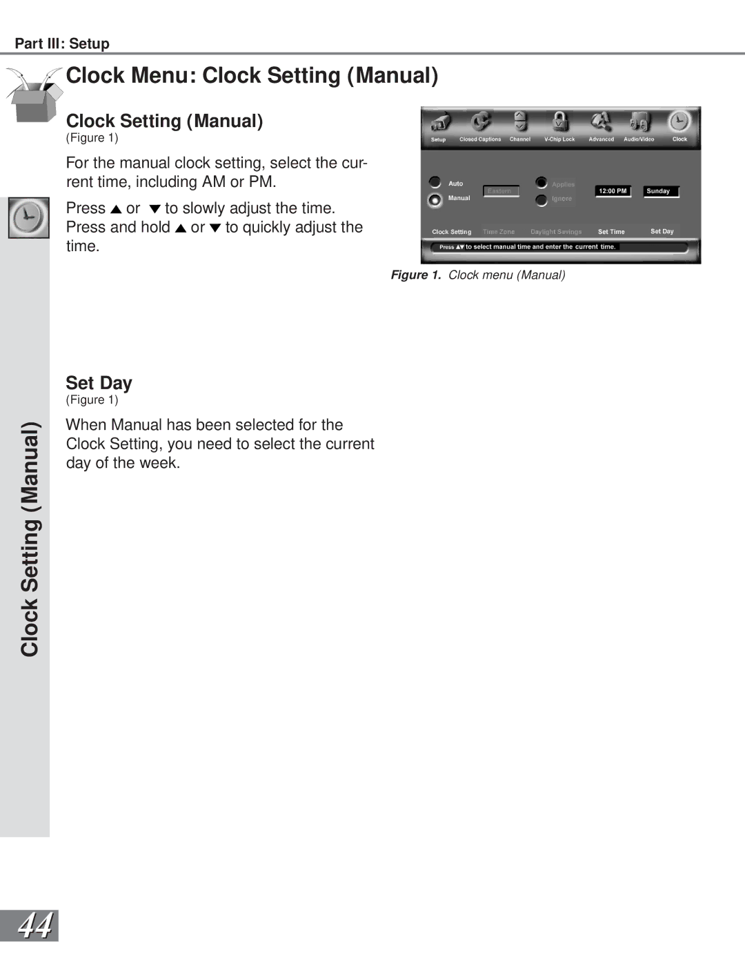 Mitsubishi Electronics WS-65908, WS-55908 manual Clock Menu Clock Setting Manual 