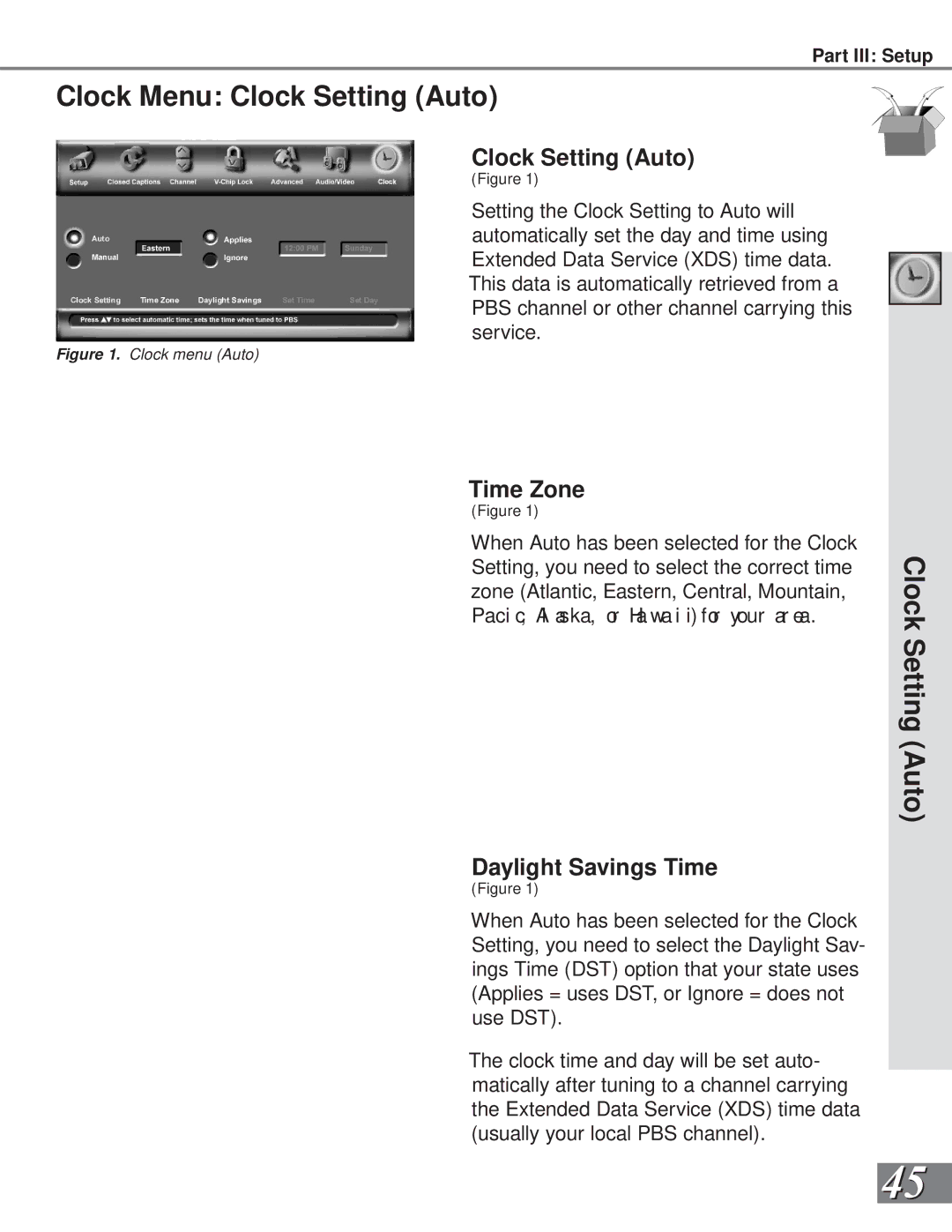 Mitsubishi Electronics WS-55908, WS-65908 manual Clock Menu Clock Setting Auto, Time Zone, Daylight Savings Time 