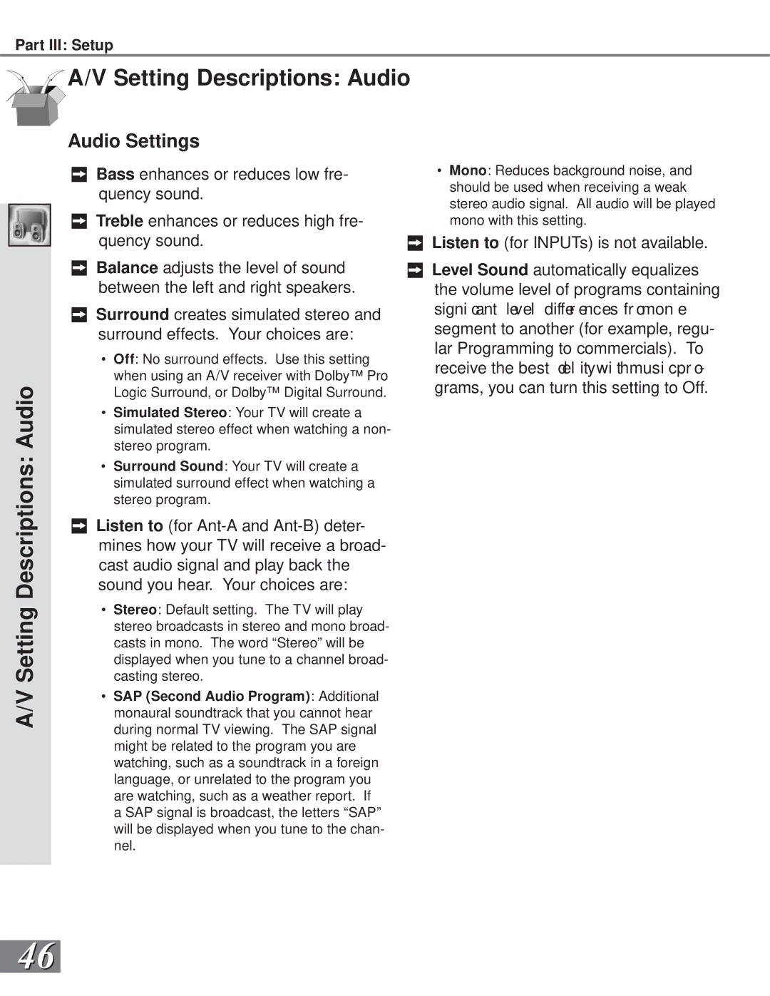 Mitsubishi Electronics WS-65908, WS-55908 manual Setting Descriptions Audio, Audio Settings 